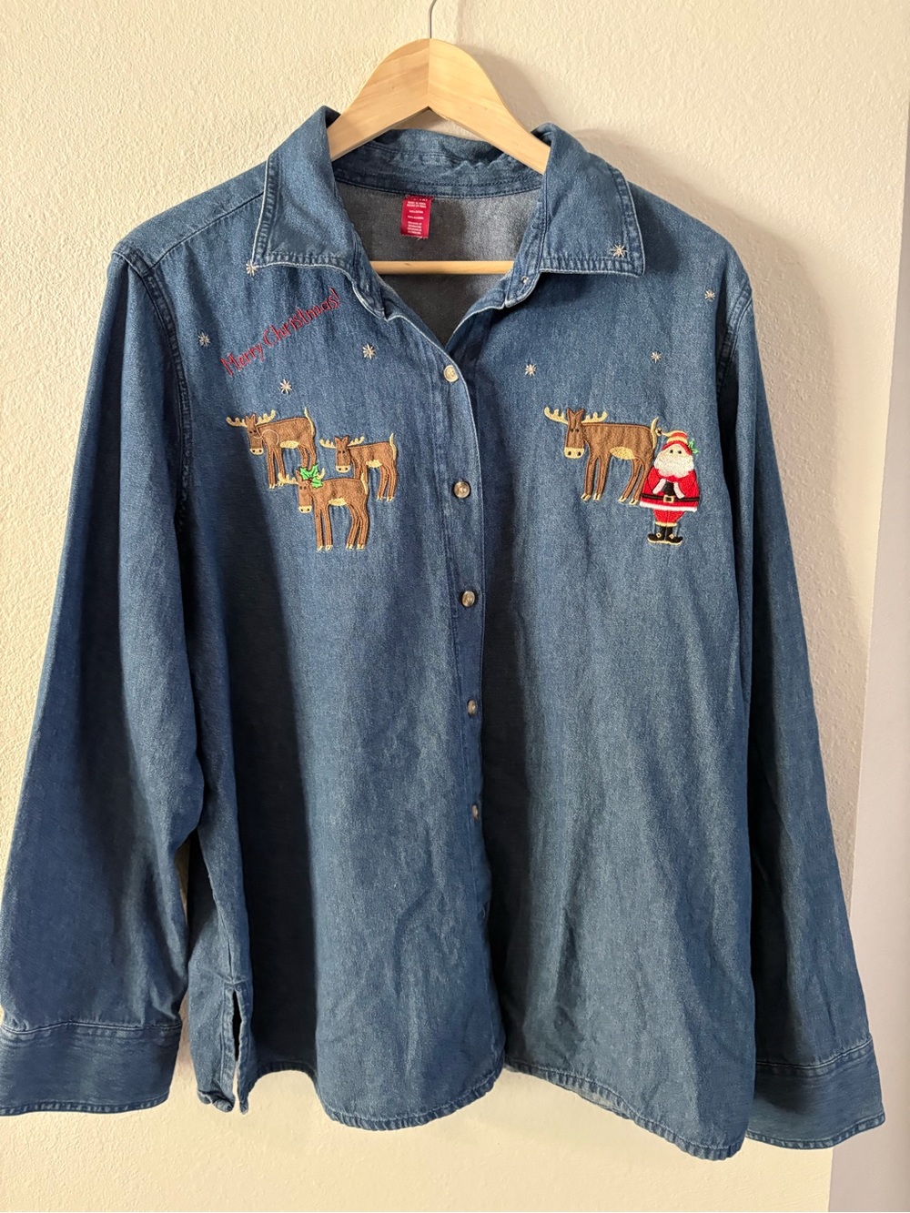90s blue jean Christmas Button down long sleeve cotton Reindeer Santa patches XL